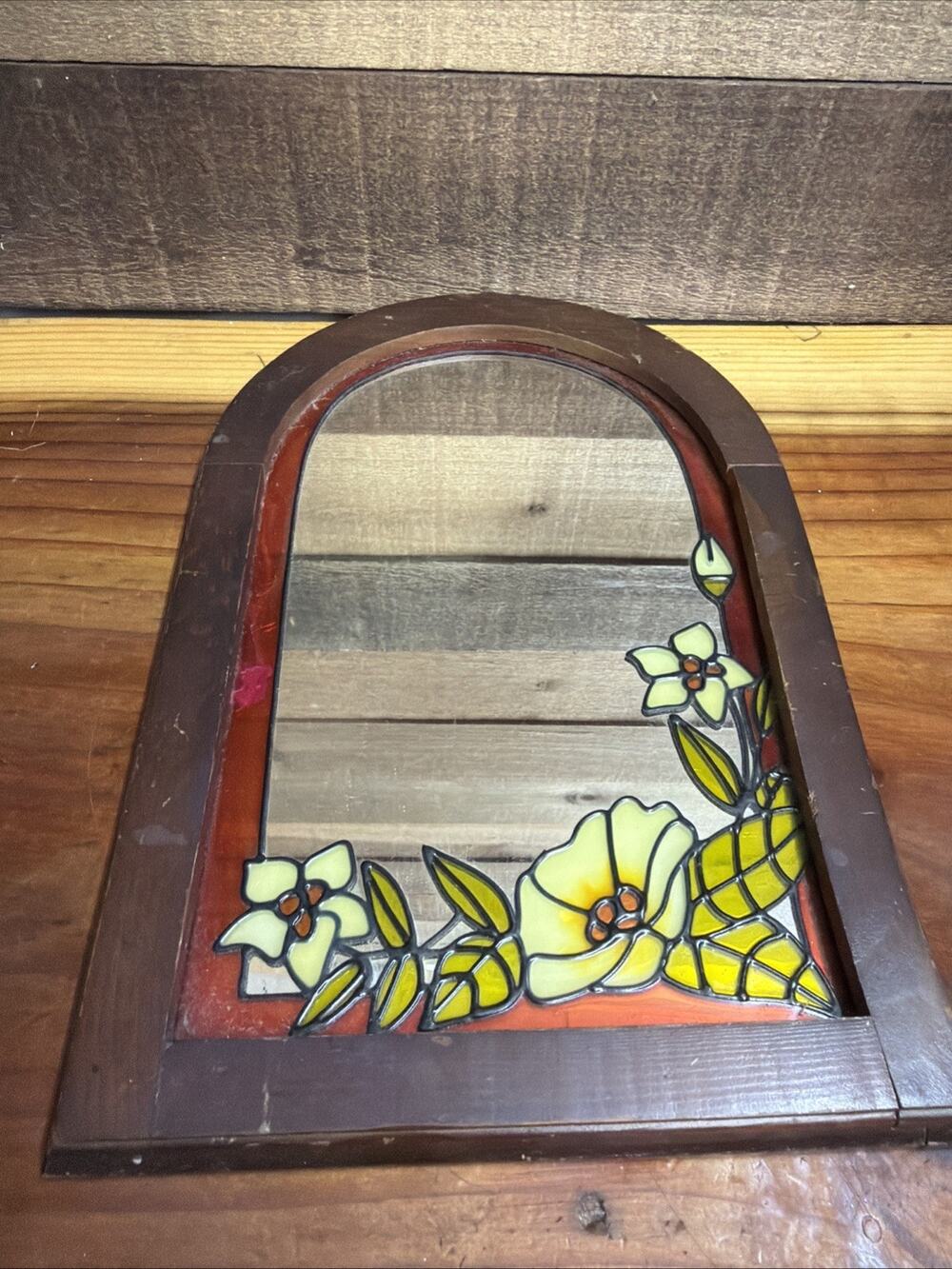 Stained Glass Flower Art Mirror Wood Frame 13" x 9" 70s 80s Decor Oval